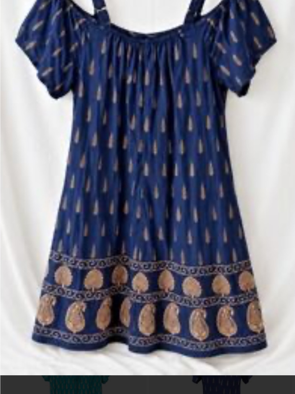 Girls' Navy Blue Paisley Border Cold-Shoulder Dress